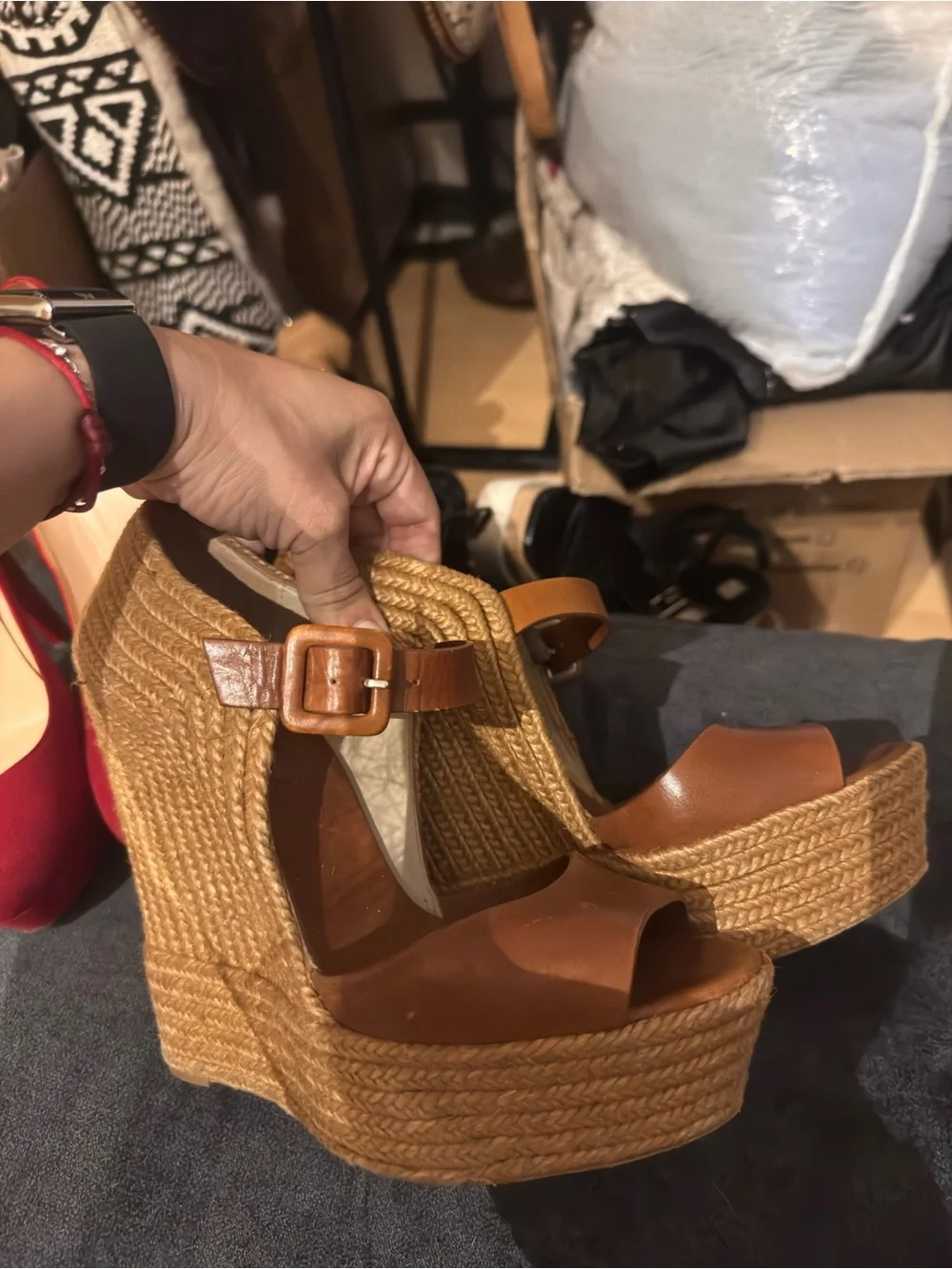 Christian Louboutin Tan Leather Espadrille Wedge Sandals